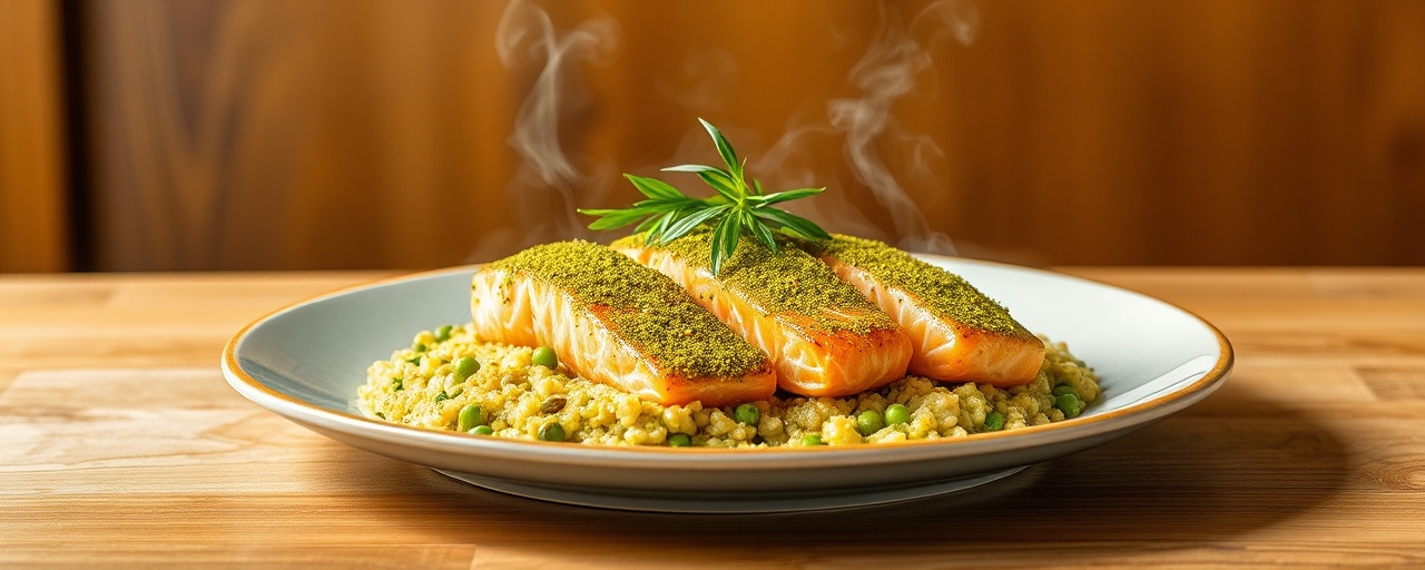 Matcha-Crusted Salmon with Yuzu-Soy Glaze and Edamame Risotto