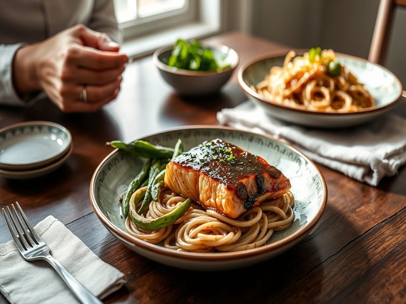 Matcha Glazed Salmon with Edamame and Soba Noodle Salad