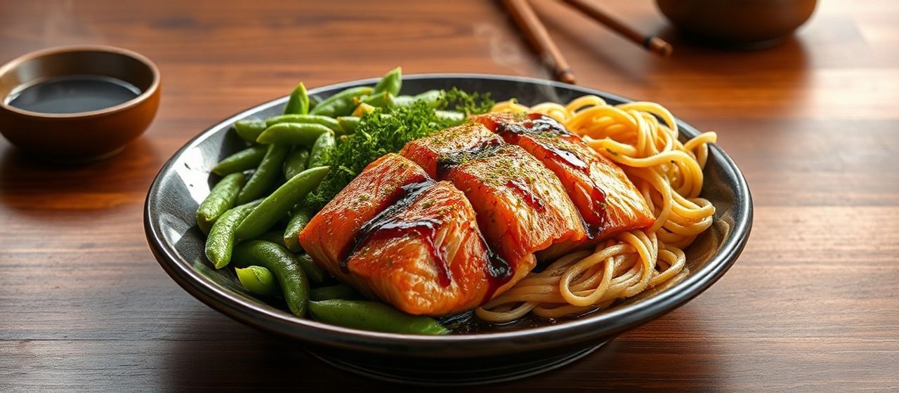 Matcha Glazed Salmon with Edamame and Soba Noodle Salad