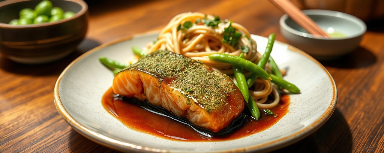 Matcha Glazed Salmon with Edamame and Soba Noodle Salad