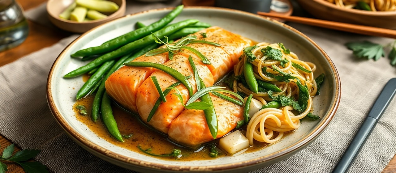 Matcha Glazed Salmon with Edamame and Soba Noodle Salad