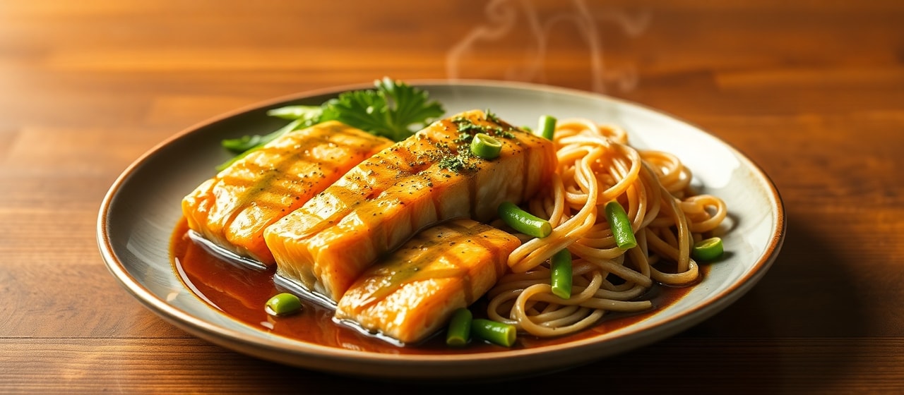Matcha Glazed Salmon with Edamame and Soba Noodle Salad