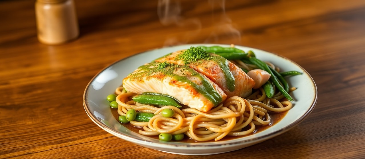 Matcha Glazed Salmon with Edamame and Soba Noodle Salad