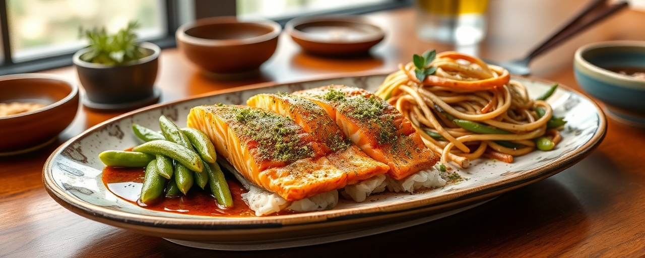 Matcha Glazed Salmon with Edamame and Soba Noodle Salad