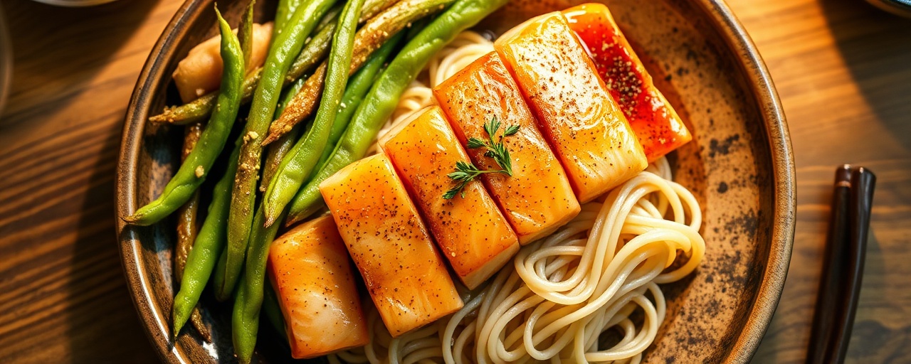 Matcha Glazed Salmon with Edamame and Soba Noodle Salad