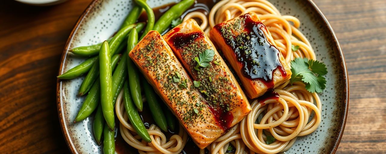 Matcha Glazed Salmon with Edamame and Soba Noodle Salad