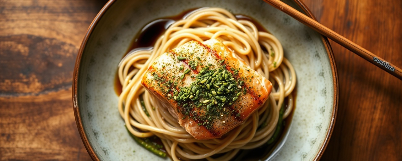 Matcha-Glazed Salmon with Sesame Udon Noodles
