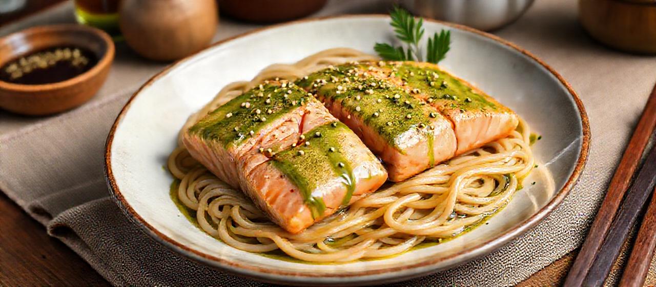 Matcha-Glazed Salmon with Sesame Udon Noodles