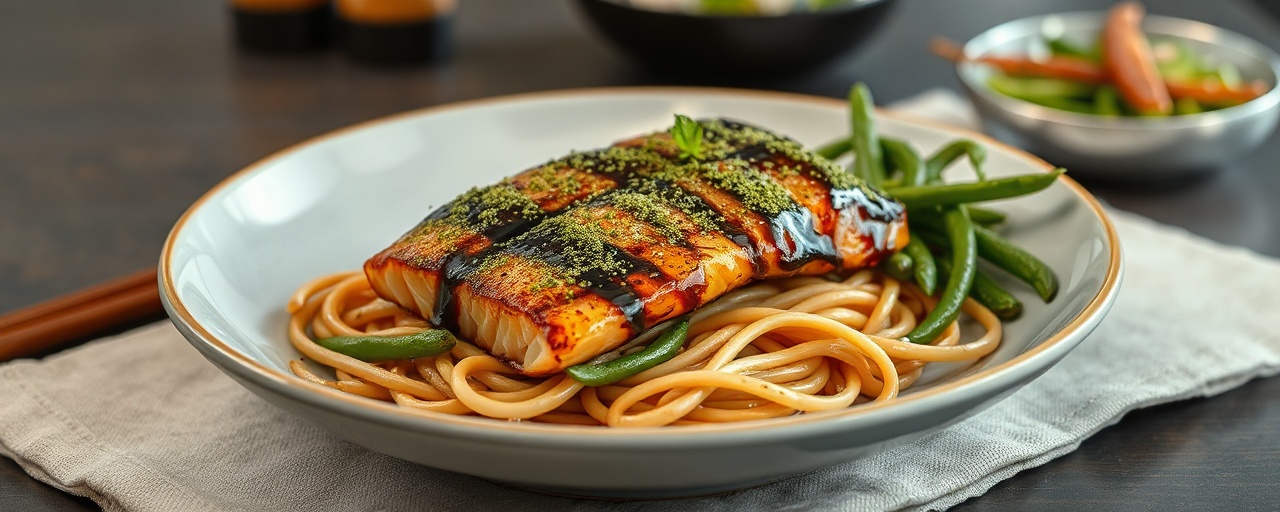 Matcha Glazed Salmon with Soba and Edamame Salad