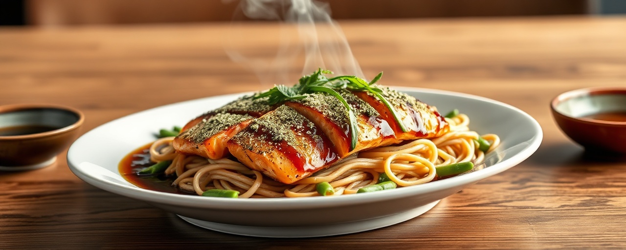 Matcha Glazed Salmon with Soba and Edamame Salad