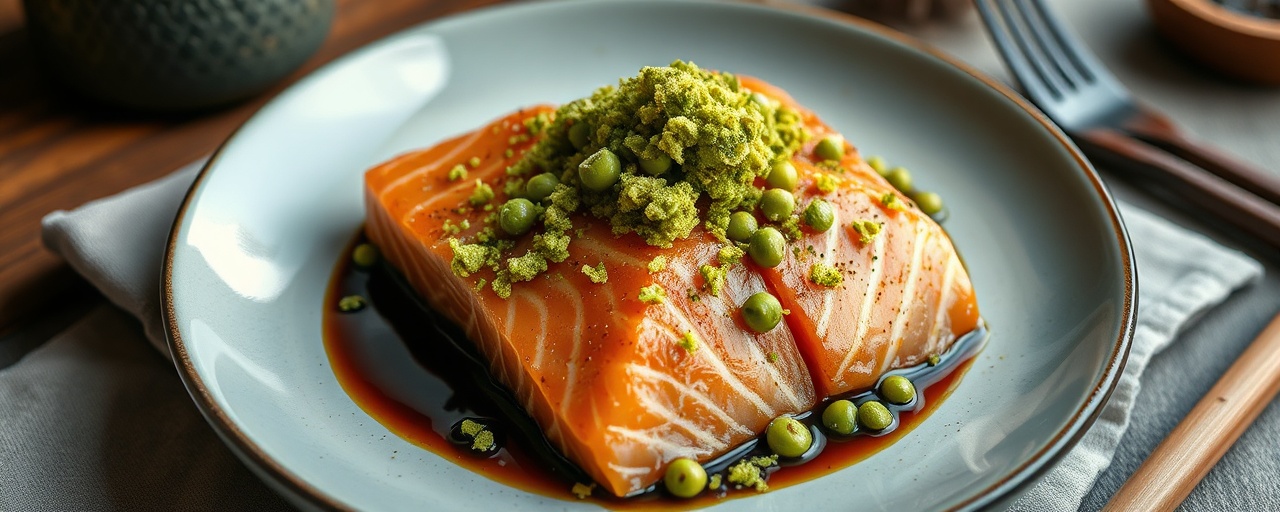 Matcha Salmon with Wasabi Pea Crumble