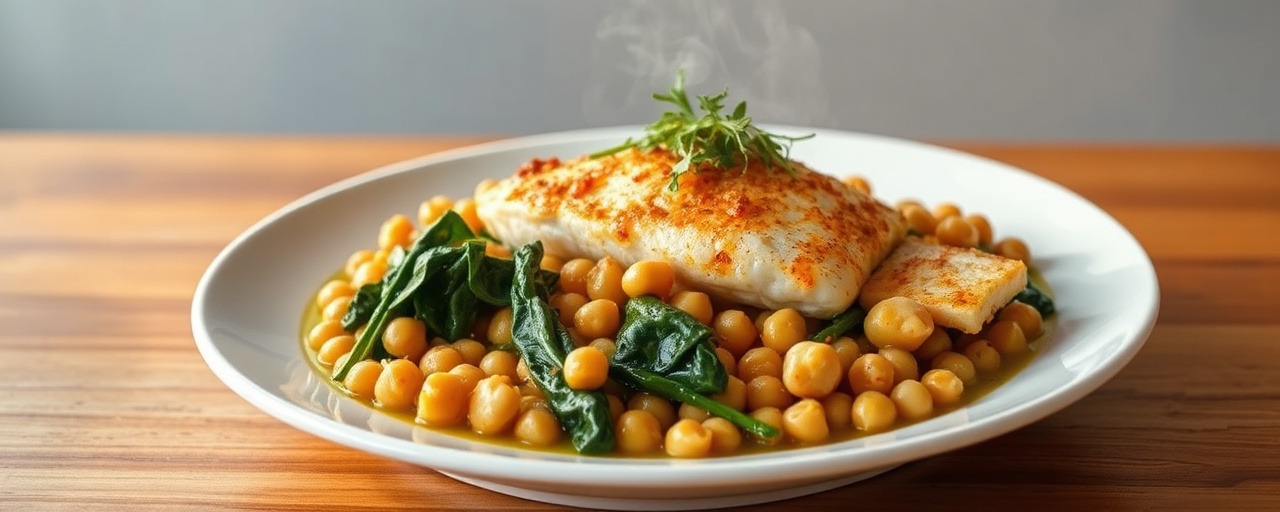 Mediterranean Coconut Braised Fish with Chickpeas and Spinach