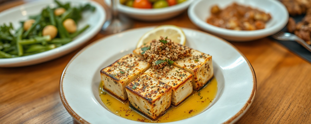 Meshwe Tofu ma'a Dukkah (Grilled Tofu with Dukkah)