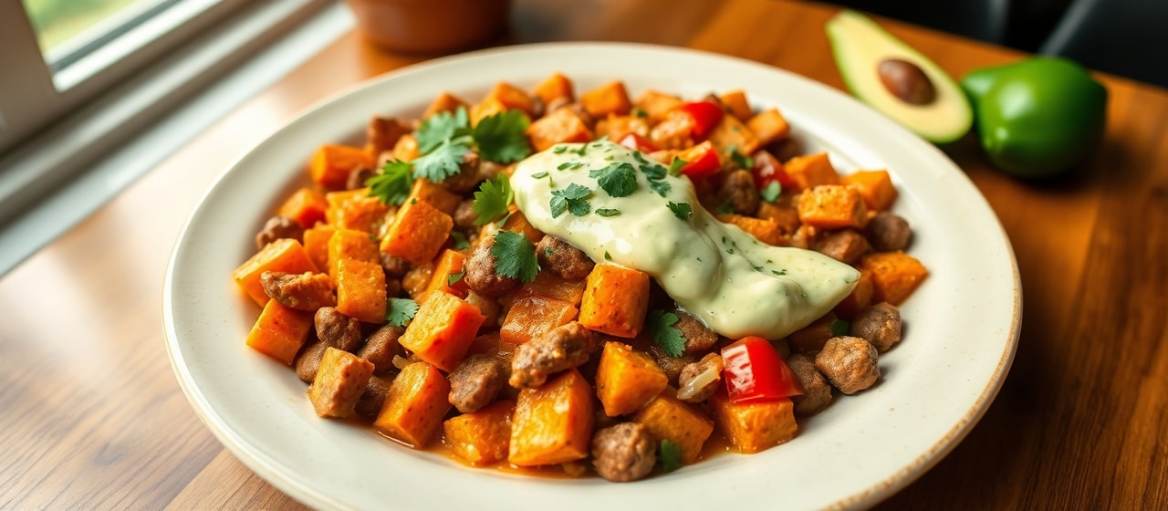 Mexican Breakfast Sweet Potato Hash with Chorizo and Avocado Crema