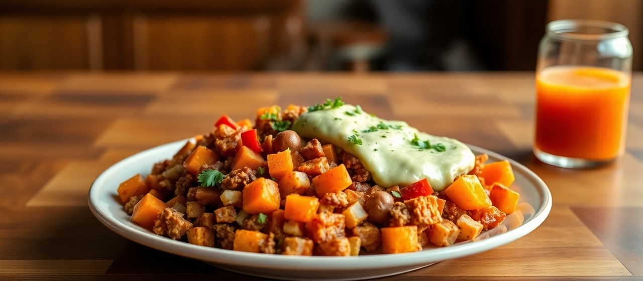 Mexican Breakfast Sweet Potato Hash with Chorizo and Avocado Crema