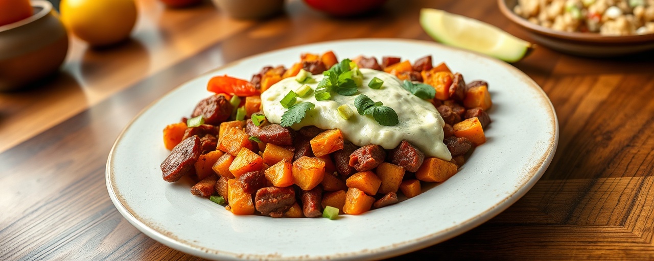 Mexican Breakfast Sweet Potato Hash with Chorizo and Avocado Crema