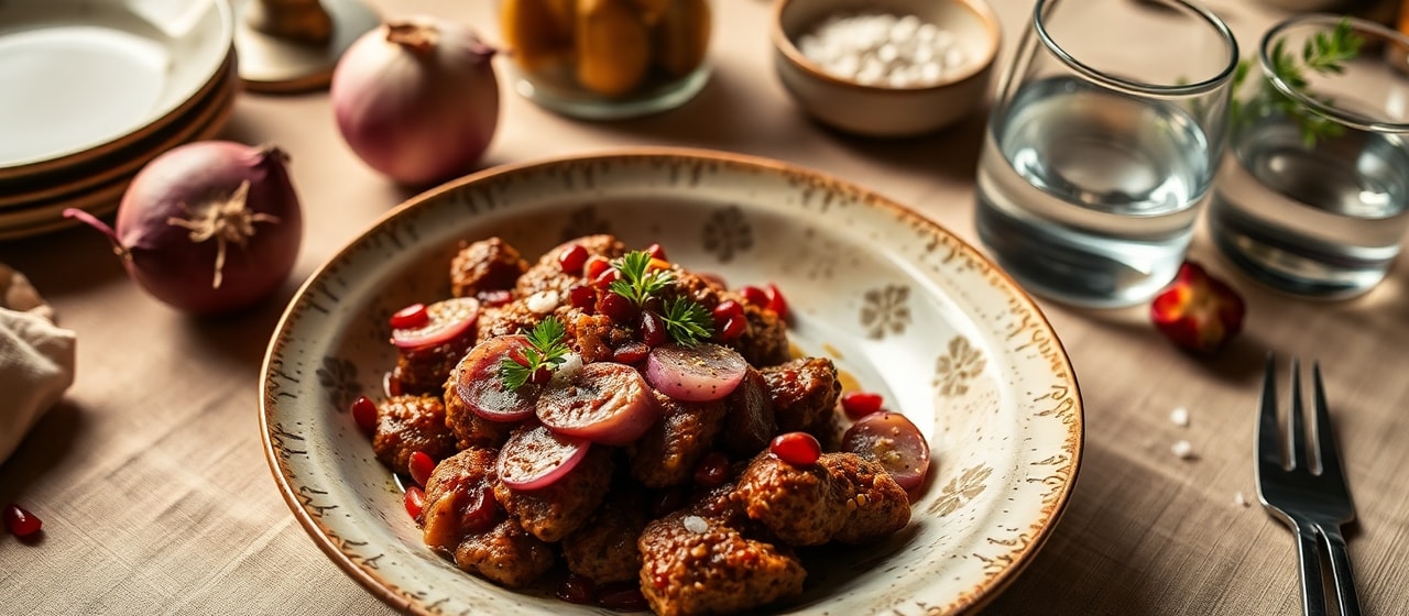 M'faraket Koussa with Fermented Sumac Onions and Pomegranate Dressing