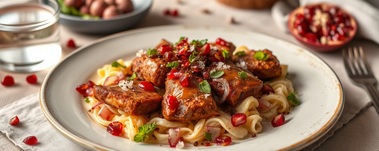 M'faraket Koussa with Fermented Sumac Onions and Pomegranate Dressing