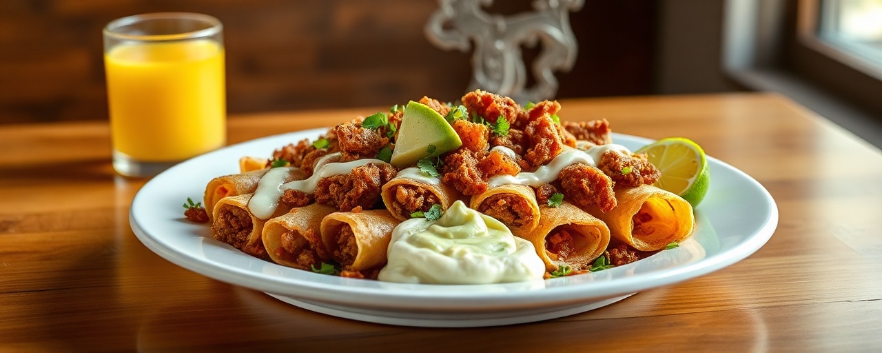 Miso-Carnitas Taquitos Fritos with Avocado Crema