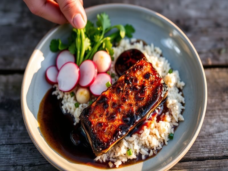 Miso-Glazed Black Cod with Sake-Infused Edamame Rice and Pickled Radishes