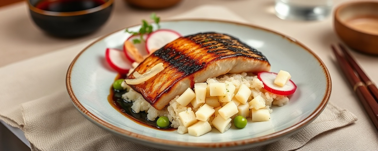 Miso-Glazed Black Cod with Sake-Infused Edamame Rice and Pickled Radishes