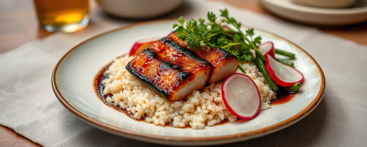 Miso-Glazed Black Cod with Sake-Infused Edamame Rice and Pickled Radishes