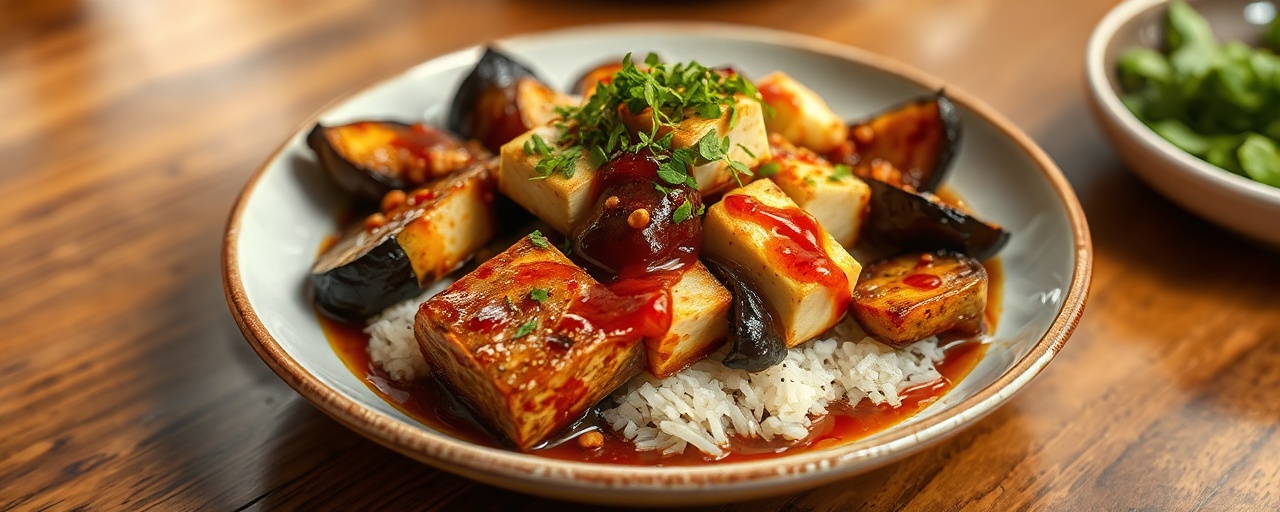 Miso-Glazed Eggplant with Spicy Peanut Tofu