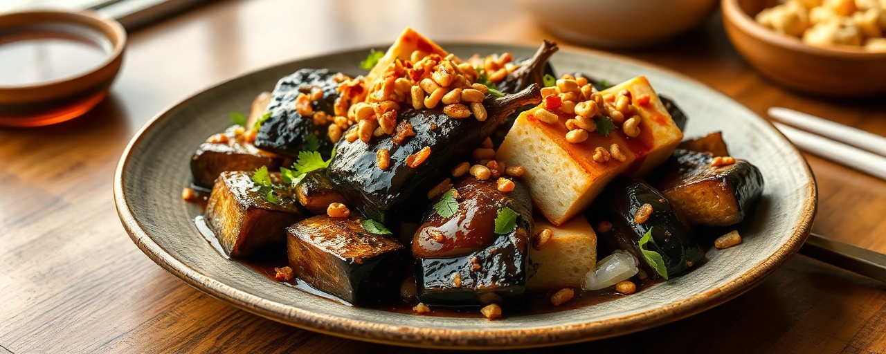 Miso-Glazed Eggplant with Spicy Peanut Tofu