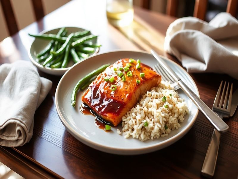Miso Glazed Salmon with Ginger-Scallion Rice and Sesame Green Beans