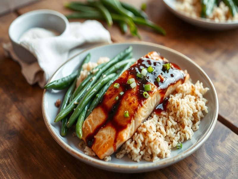 Miso Glazed Salmon with Ginger-Scallion Rice and Sesame Green Beans