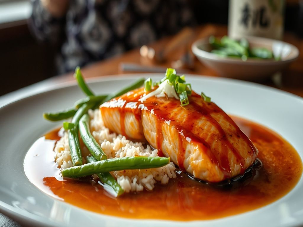 Miso Glazed Salmon with Ginger-Scallion Rice and Sesame Green Beans