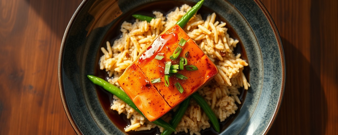 Miso Glazed Salmon with Ginger-Scallion Rice and Sesame Green Beans