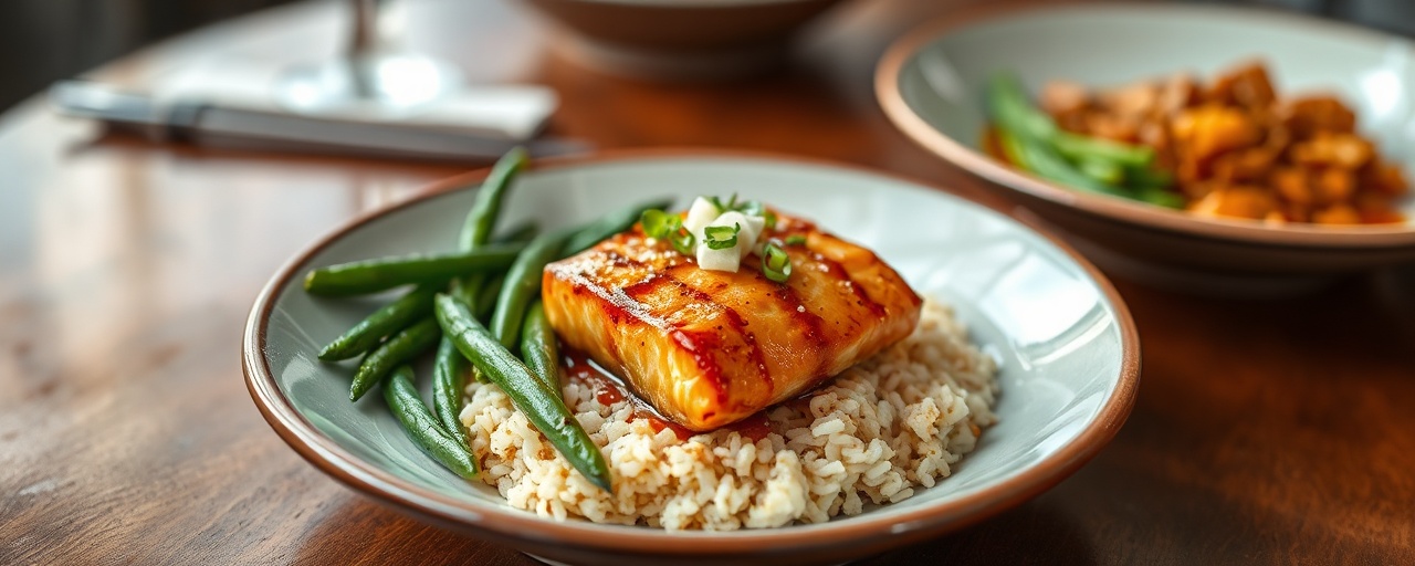 Miso Glazed Salmon with Ginger-Scallion Rice and Sesame Green Beans
