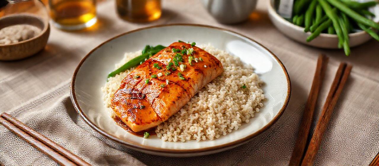 Miso Glazed Salmon with Ginger-Scallion Rice and Sesame Green Beans