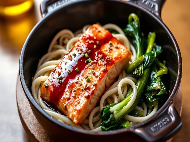 Miso-Glazed Salmon with Sesame Udon and Sautéed Bok Choy