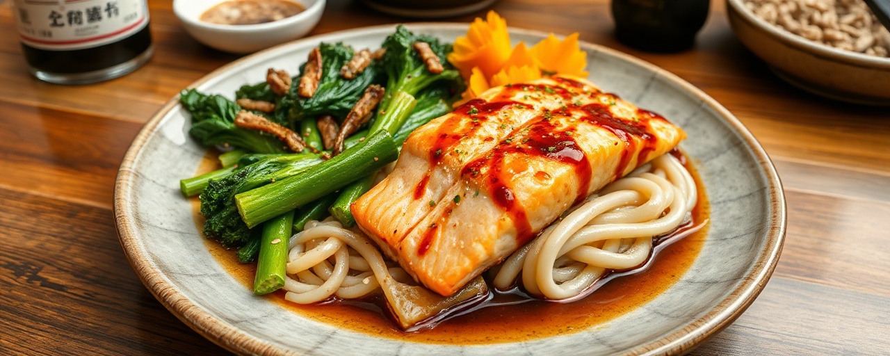 Miso-Glazed Salmon with Sesame Udon and Sautéed Bok Choy