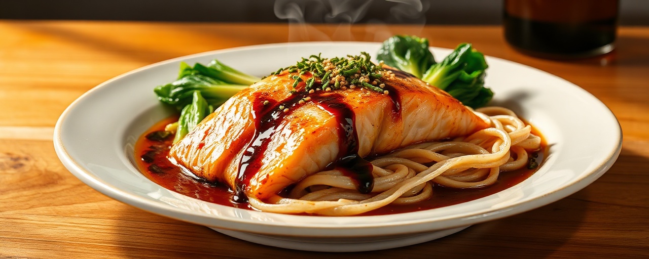 Miso-Glazed Salmon with Sesame Udon and Sautéed Bok Choy