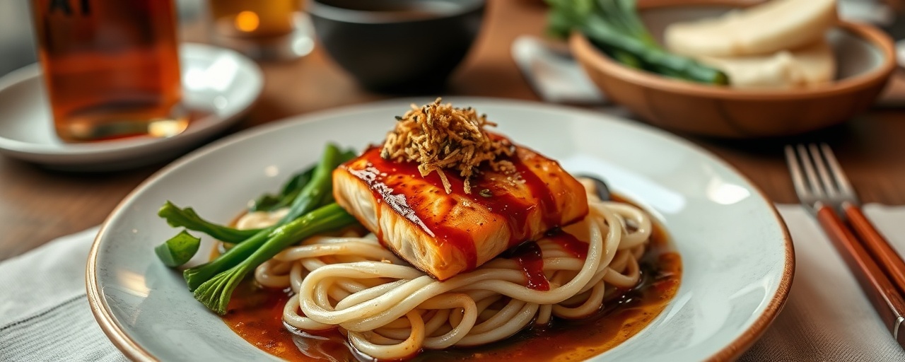 Miso-Glazed Salmon with Sesame Udon and Sautéed Bok Choy