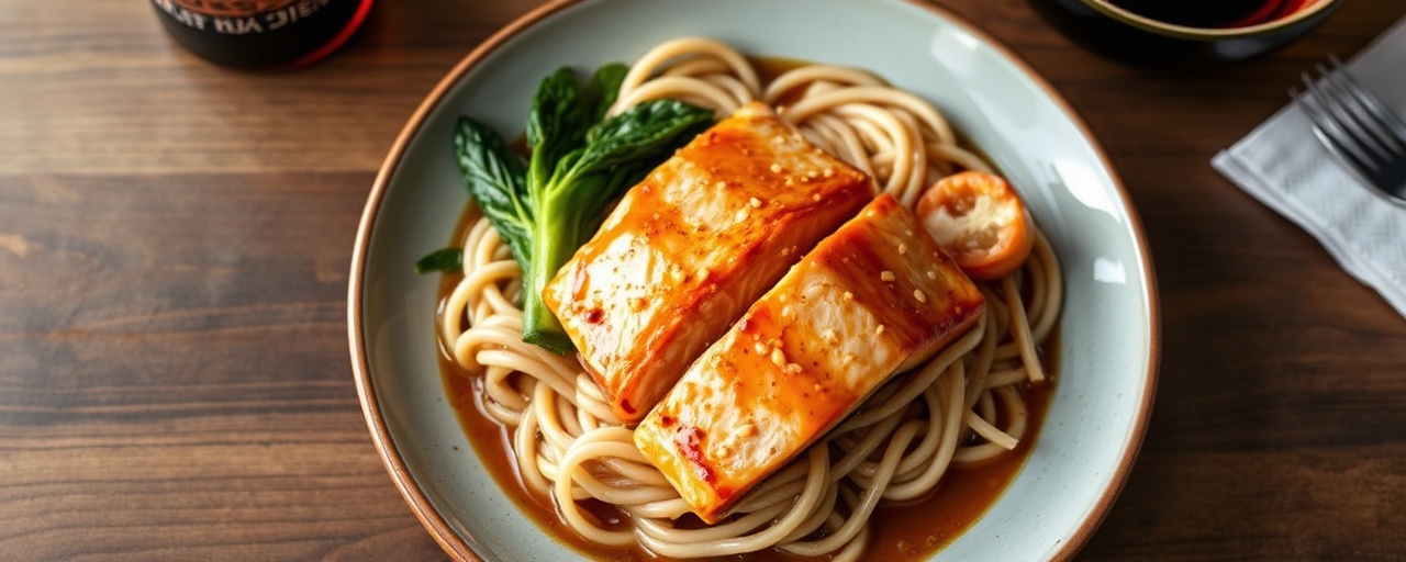 Miso-Glazed Salmon with Sesame Udon and Sautéed Bok Choy