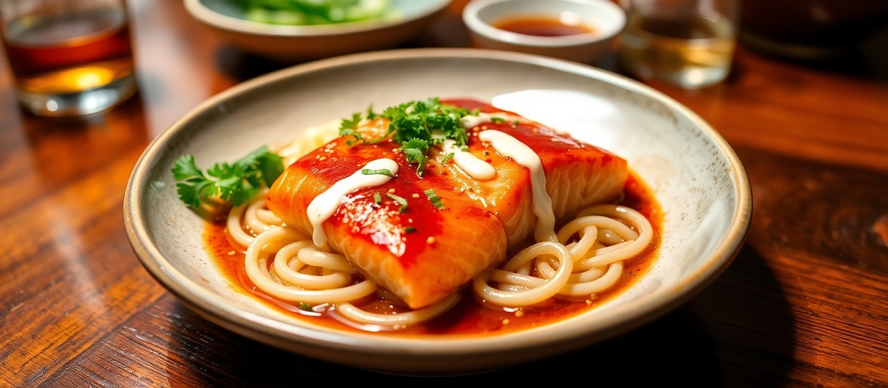 Miso-Glazed Salmon with Sesame Udon