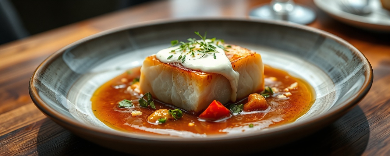 Miso-Glazed Sous-Vide Arctic Char with Dill-Horseradish Crème Fraîche and Root Vegetable Purée