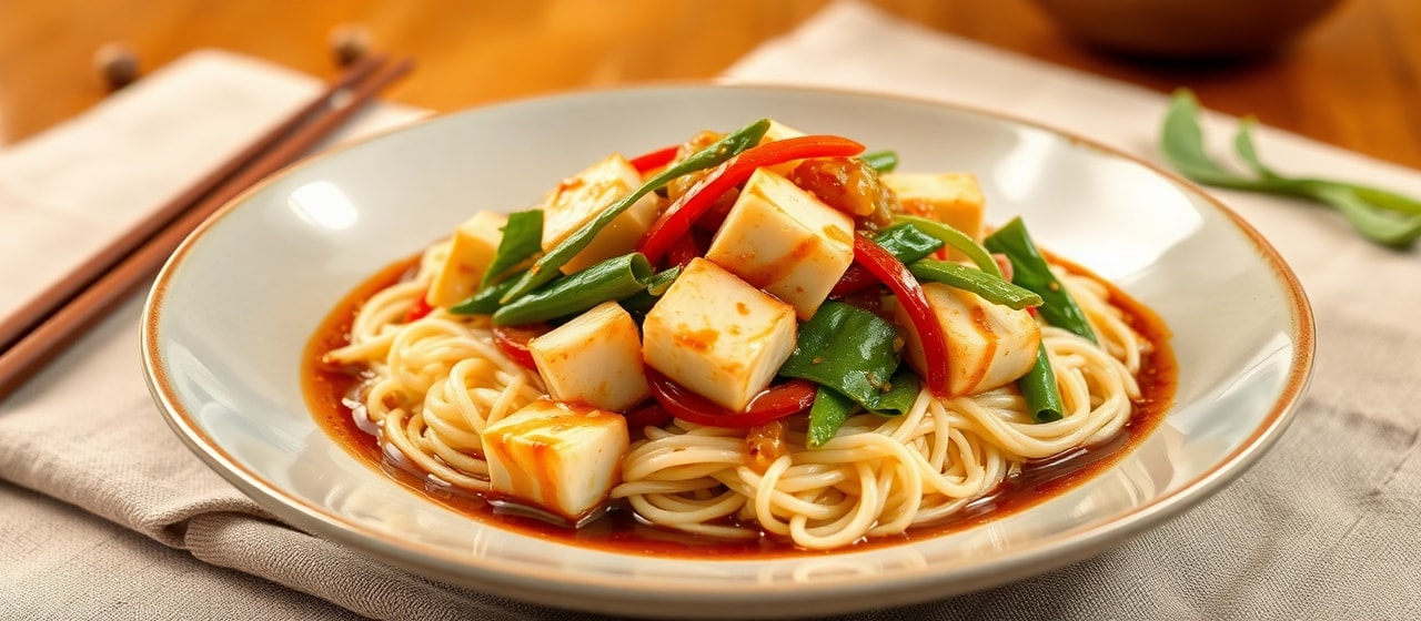 Miso-Glazed Tofu and Vegetable Wok-Toss with Shan Noodles