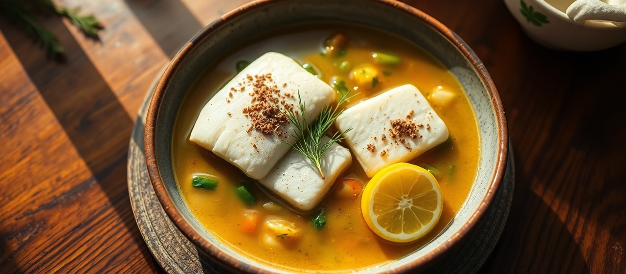 Miso-Poached Turkish White Fish with Lemon-Dill Broth