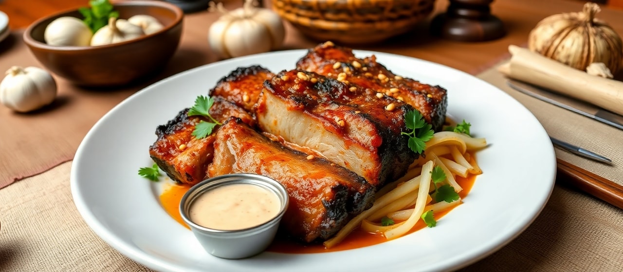 Moo Sam Chan Yang Jim Jaew (Charcoal-Grilled Pork Belly with Spicy Thai Dipping Sauce)