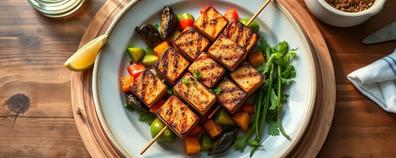 Moroccan Grilled Tofu Skewers with Harissa-Spiced Vegetables