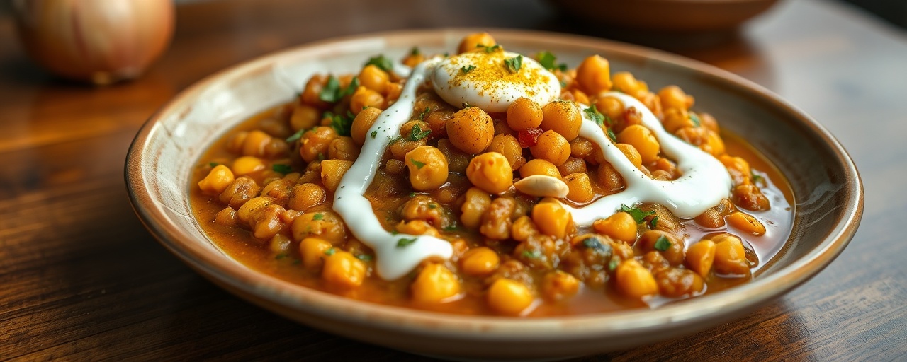 Moroccan Spiced Chickpea and Lentil Stew with Saffron Yogurt Drizzle