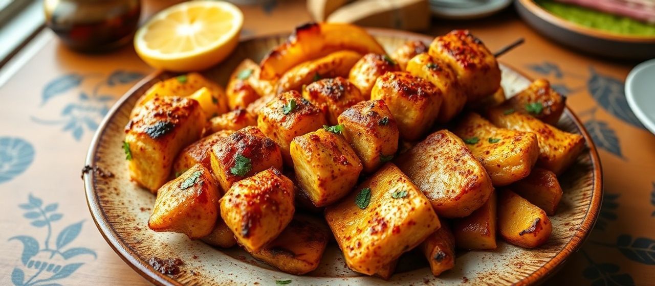 Moroccan Spiced Plantain and Chicken Skewers with Harissa-Dusted Khobz