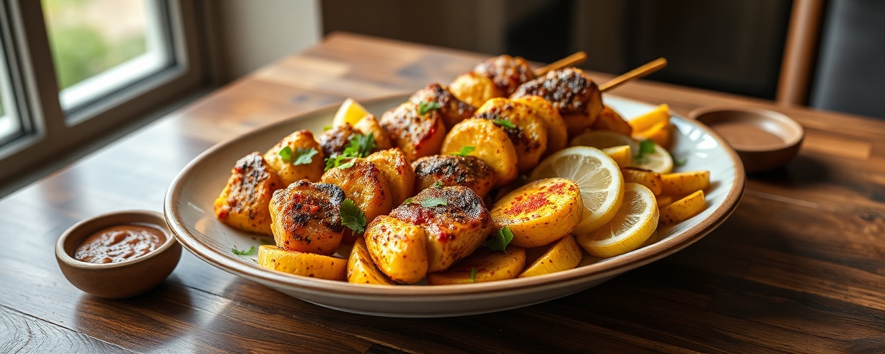 Moroccan Spiced Plantain and Chicken Skewers with Harissa-Dusted Khobz