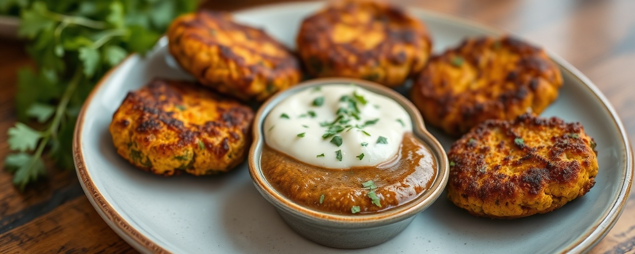 Moroccan Spiced Tempeh Fritters with Charmoula Dipping Sauce