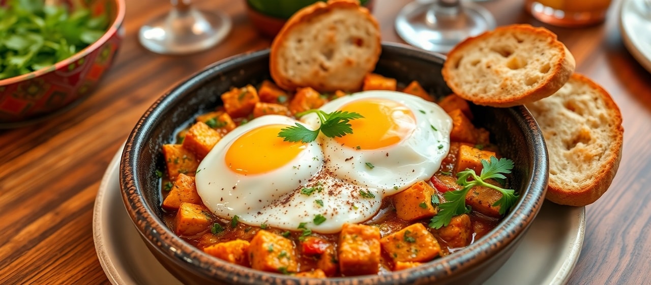 Moroccan Tofu and Poached Egg Tagine Skillet